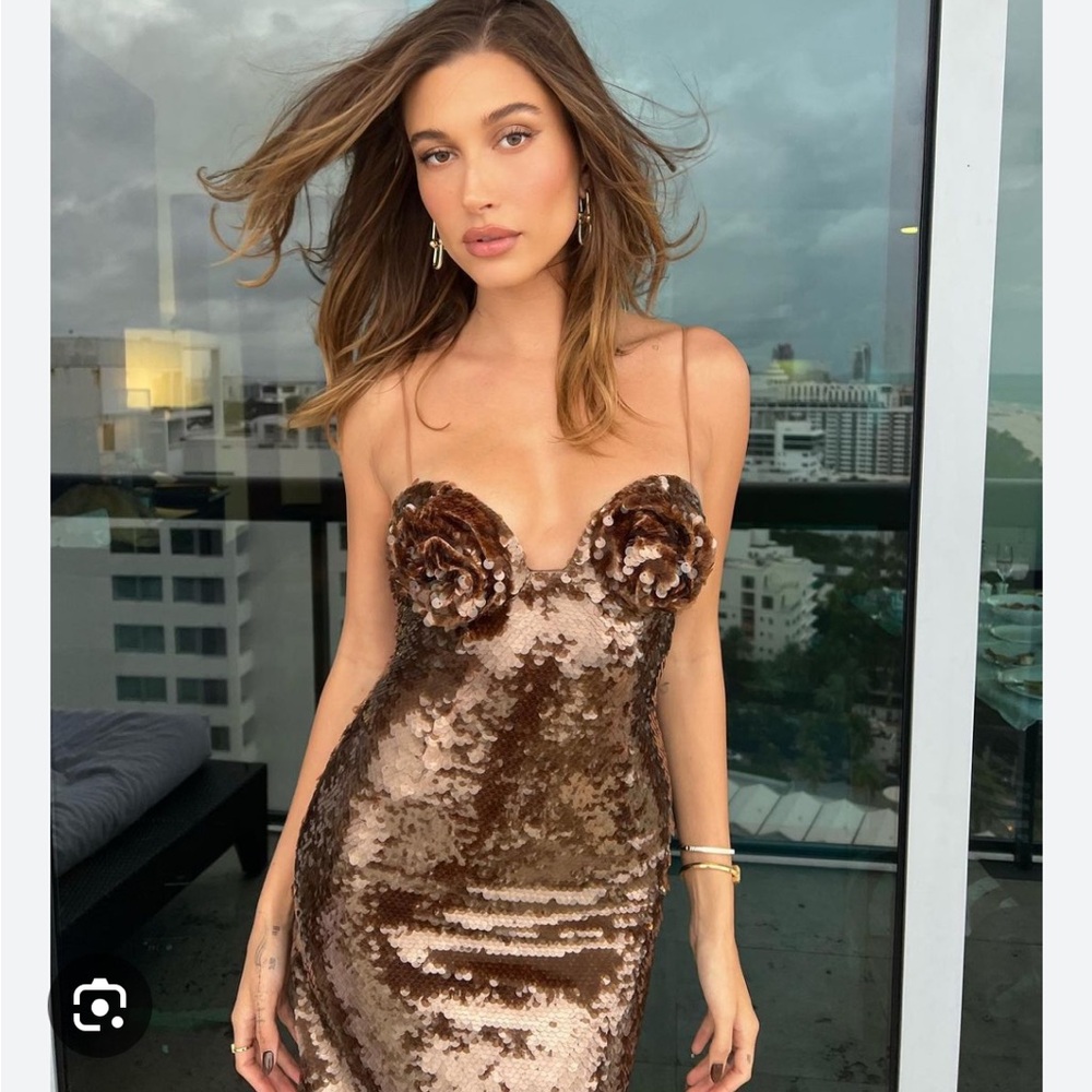 Brown Sequin Maxi dress with rosettes